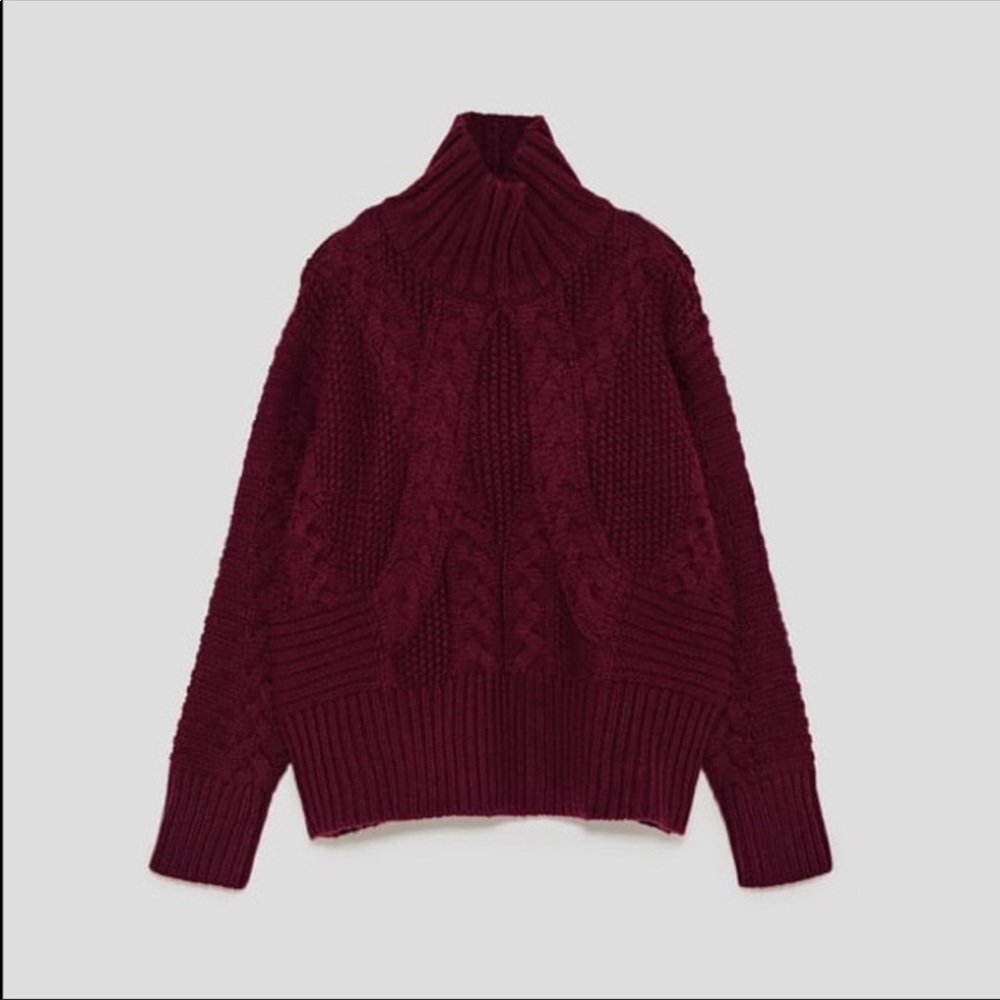 Zara Chunky Wool Cable Knit Sweater in Maroon